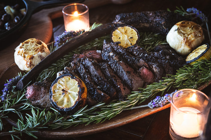 Coffee Dusted Tomahawk Ribeyes with Bourbon Barrel Aged Coffee by Carmel Valley Coffee Roasting Co.